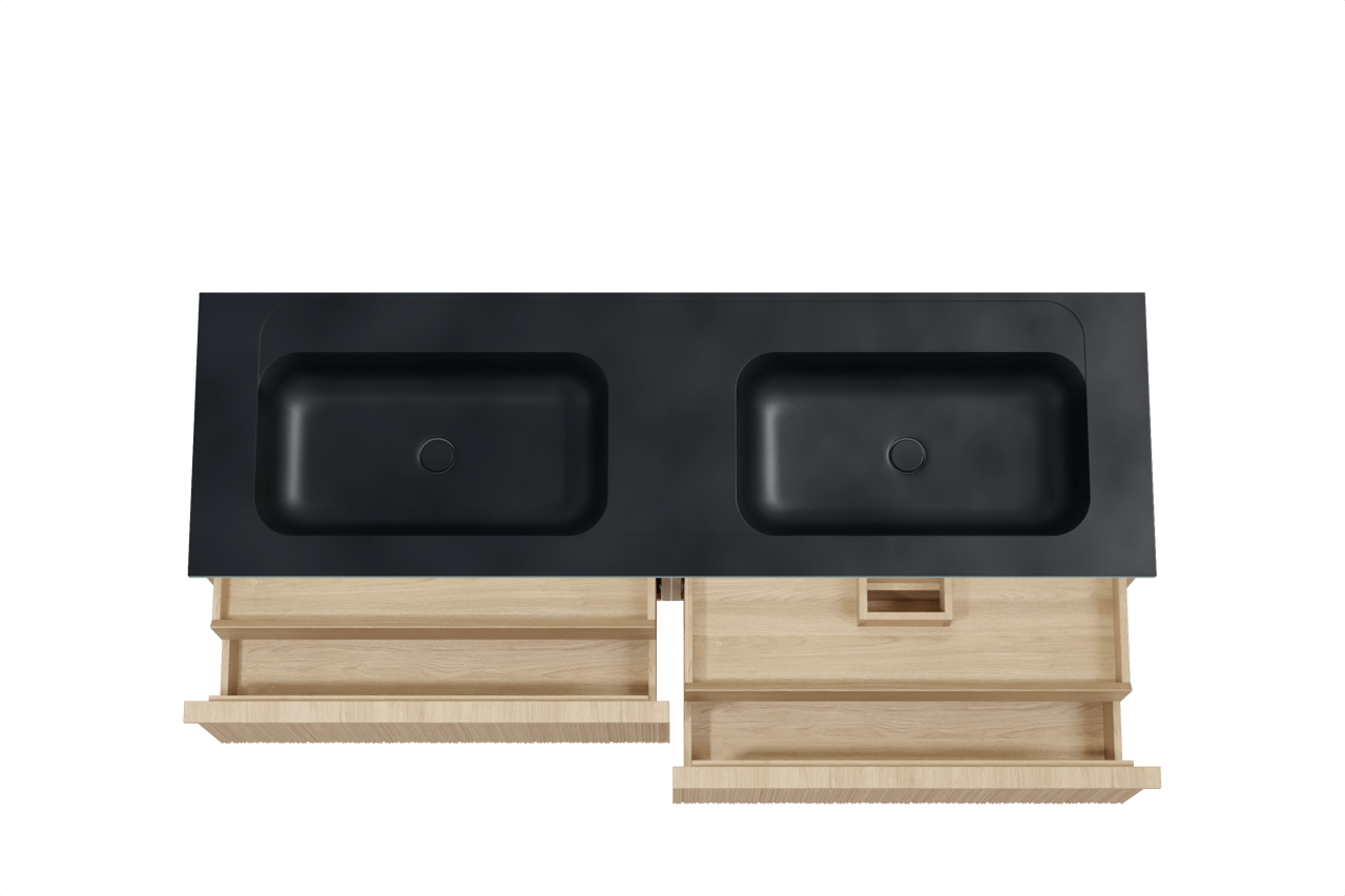 Balmani Forma hängendes Möbelstück Set: 180 x 55 cm, Naturbelassene Eiche, mit Tablo Strada Doppelwaschtisch, Marmorkomposit, Schwarz matt, Vertikale asymmetrische Runde Rippe