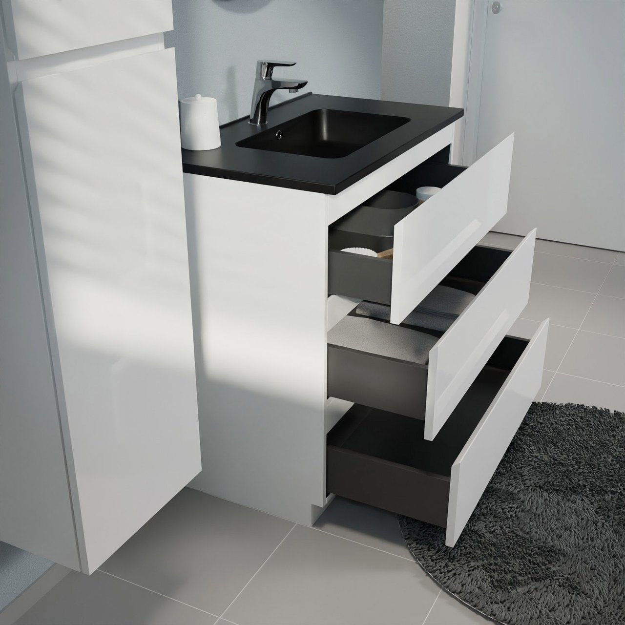 Linie Lado freistehendes Möbelstück Set: 80 x 46 cm, Weiß glänzend, mit Vano Einzelwaschtisch, Marmorkomposit Schwarz matt