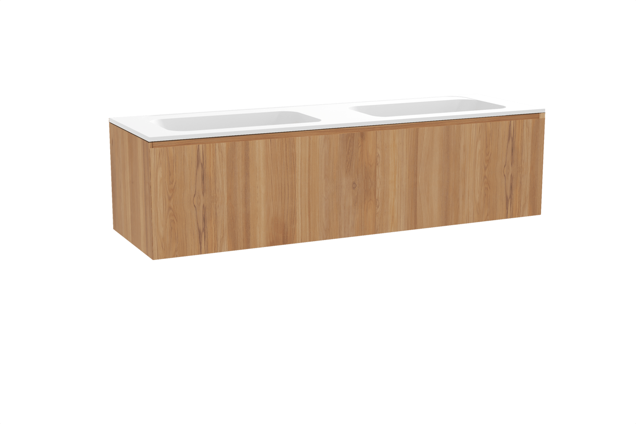 Balmani Idra zwevend badkamermeubel 180 x 55 cm teak met Tablo Strada dubbele wastafel in composietmarmer mat wit