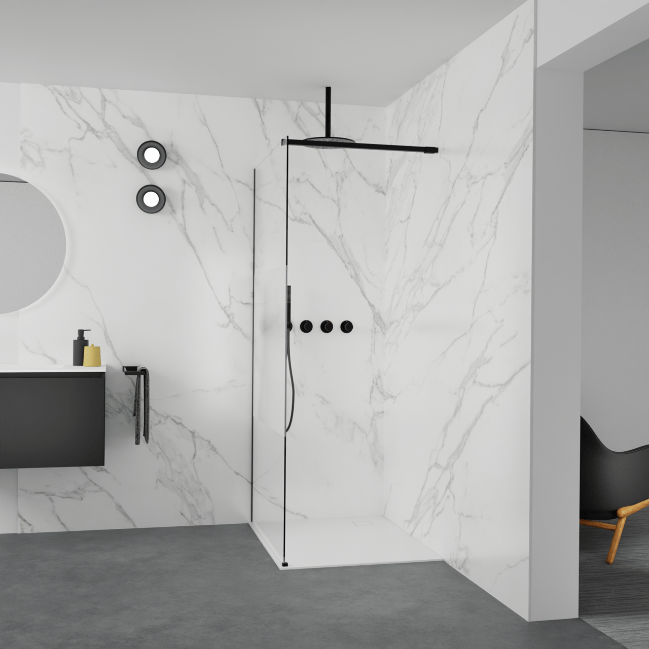 Balmani Modular douche à l'italienne: 100 x 200 cm, Verre transparent avec bande matte, Profil Noir mat