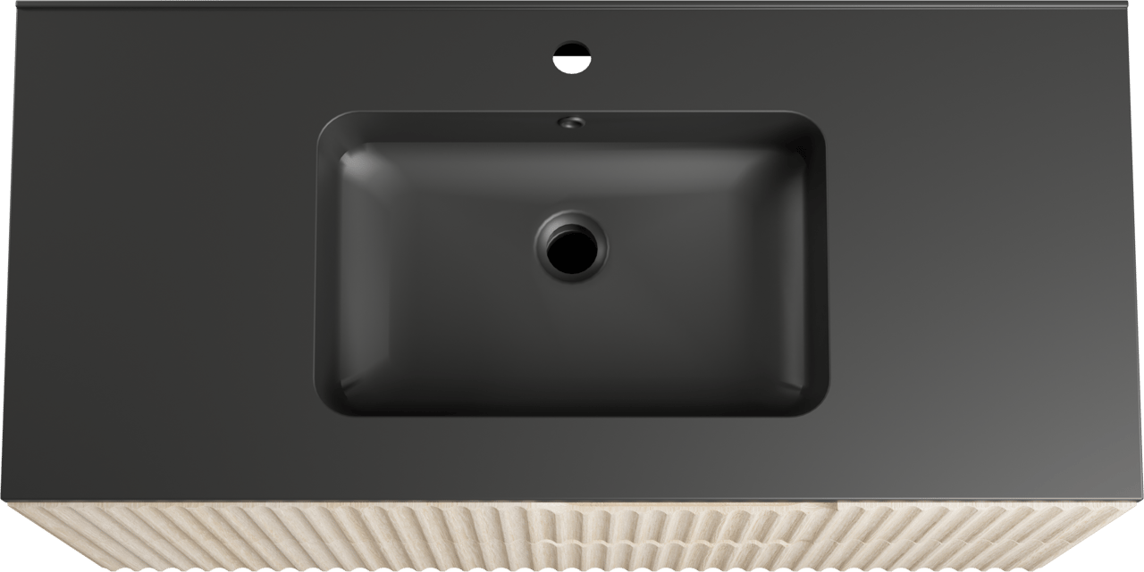 Linie Ribbo zwevend badmeubel 100 x 46 cm licht eiken met Vano enkele wastafel in composietmarmer mat zwart, Verticale symmetrische ronde ribbel