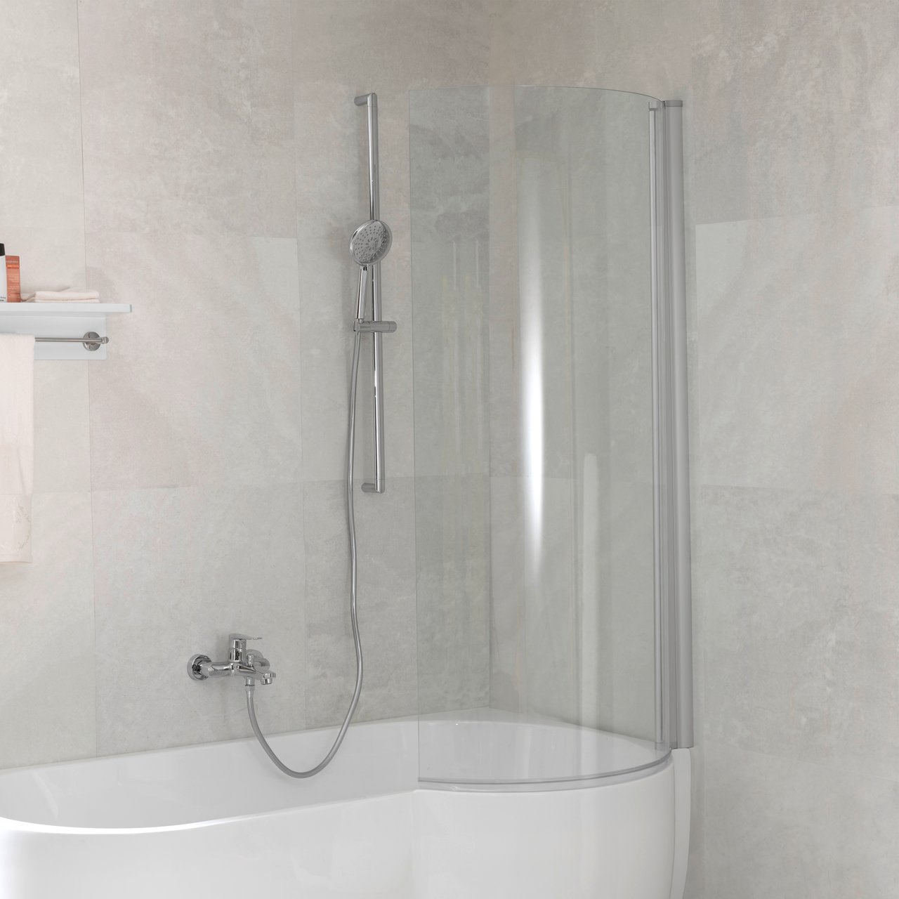 Luca Varess Cyrus Curved enkele badwand 81 cm helder glas chroom profiel