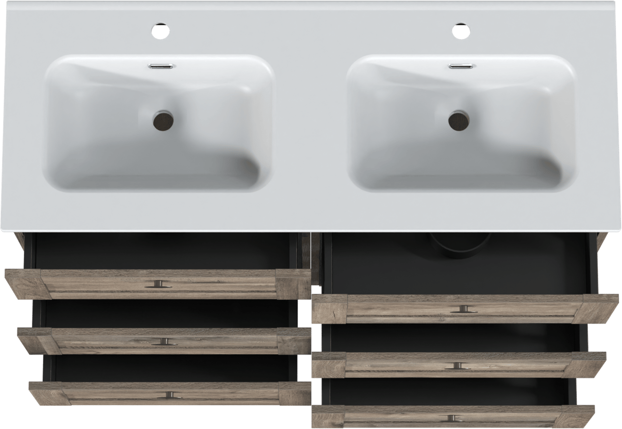 Linie Classo freistehendes Möbelstück Set: 120 x 46 cm, Graue Eiche, mit Baro Doppelwaschtisch, Porzellan Weiß matt