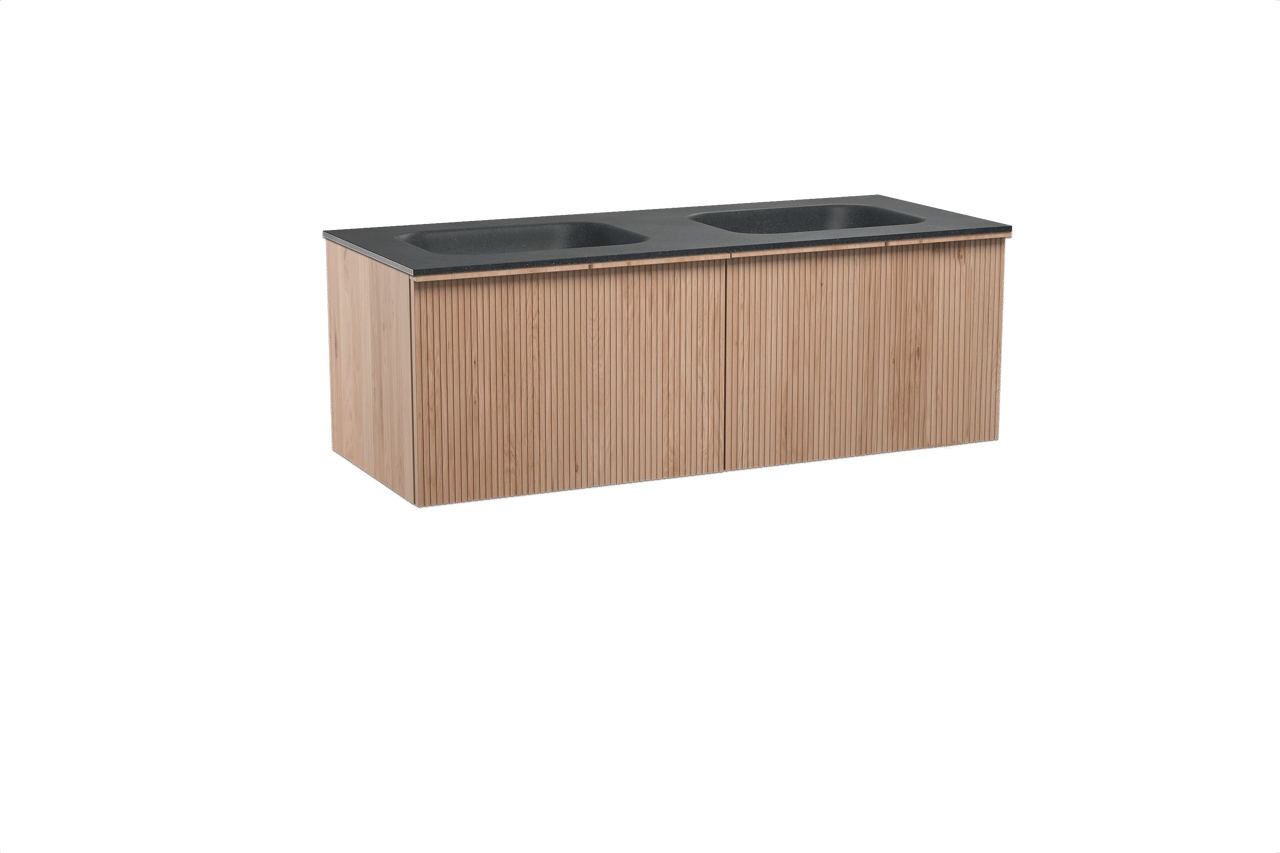 Balmani Forma zwevend badkamermeubel 135 x 55 cm natuur eik met Tablo Arcato dubbele wastafel in graniet zwart, Verticale symmetrische rechte ribbel