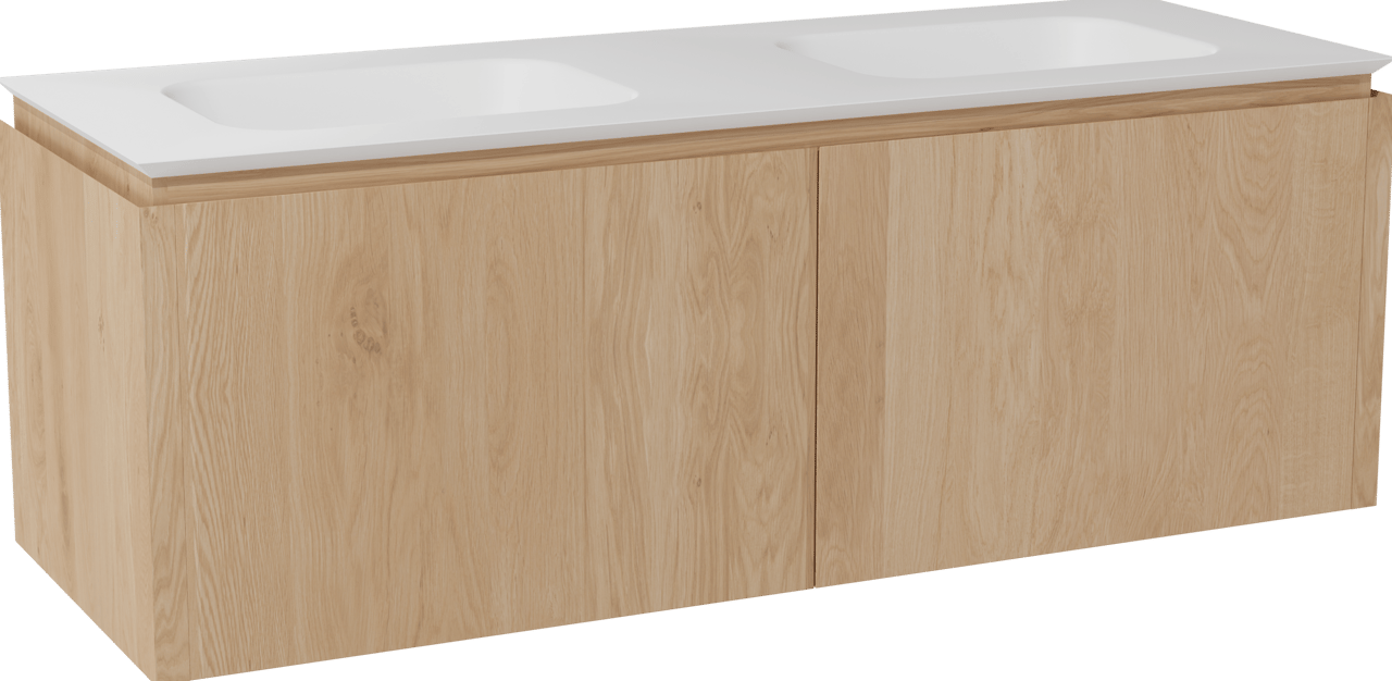 Balmani Eclips meuble salle de bains suspendu 150 x 55 cm Chêne naturelle avec Eclips double vasque en Solid Surface blanc mat