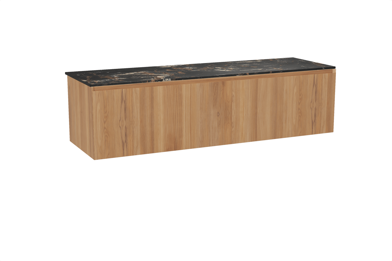 Balmani Idra zwevend badkamermeubel 180 x 55 cm teak met Stretto enkel of dubbel tablet in marmer portoro gold