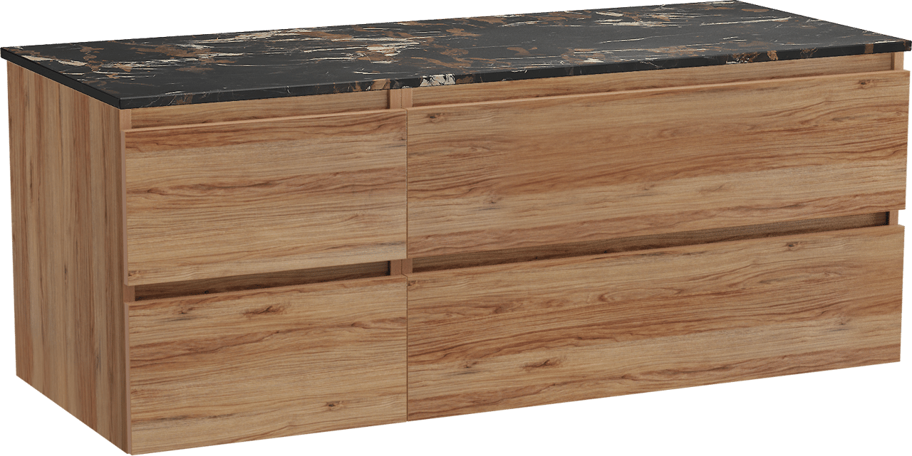 Balmani Lucida zwevend badkamermeubel 135 x 55 cm teak met Stretto enkel of dubbel tablet in marmer portoro gold