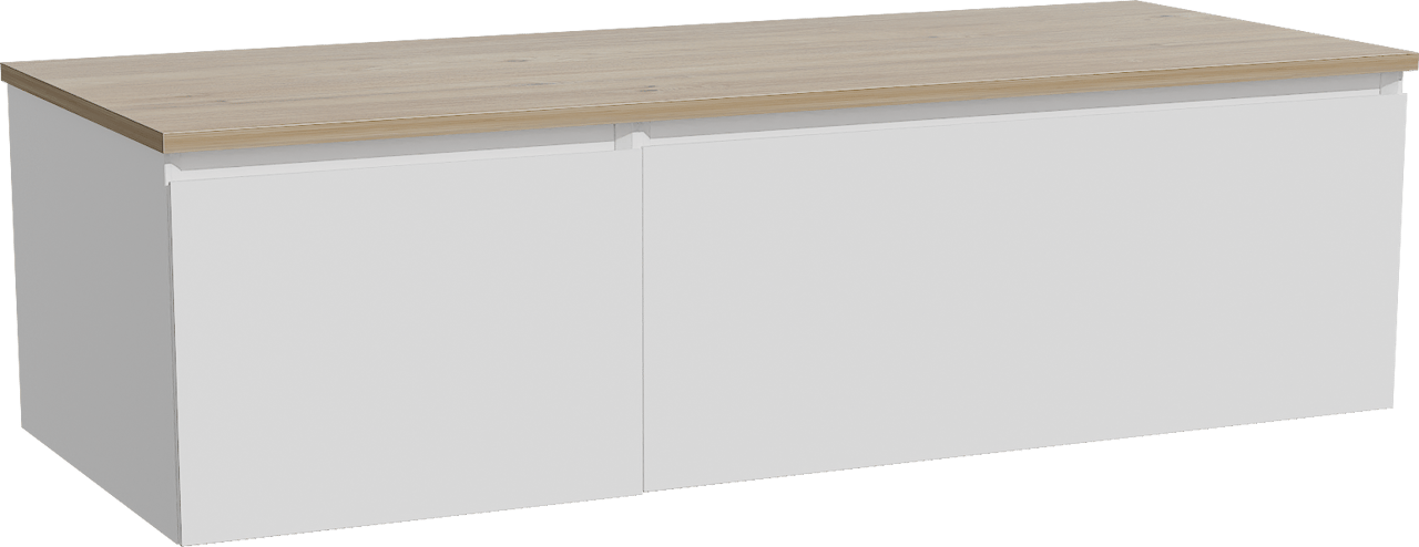 Storke Edge hängendes Möbelstück Set: 130 x 52 cm, Weiß matt, mit Panton Einzel- oder Doppel Waschtischplatte, Melamin Rohe Eiche