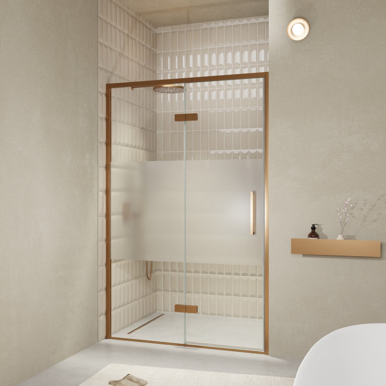 Balmani Senses Design porte pivotante à gauche 140 cm x 210 cm verre transparent avec bande matte, Profil Brushed Rosegold, coating inclus