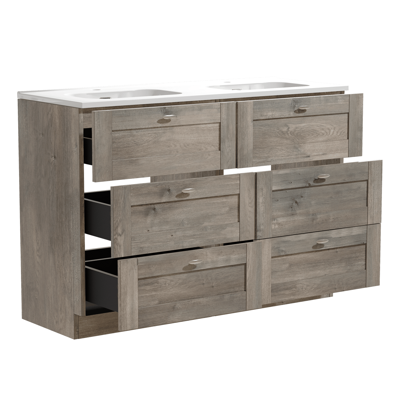 Linie Classo staand badkamermeubel 120 x 46 cm grijze eik met Baro dubbele wastafel in porselein glanzend wit