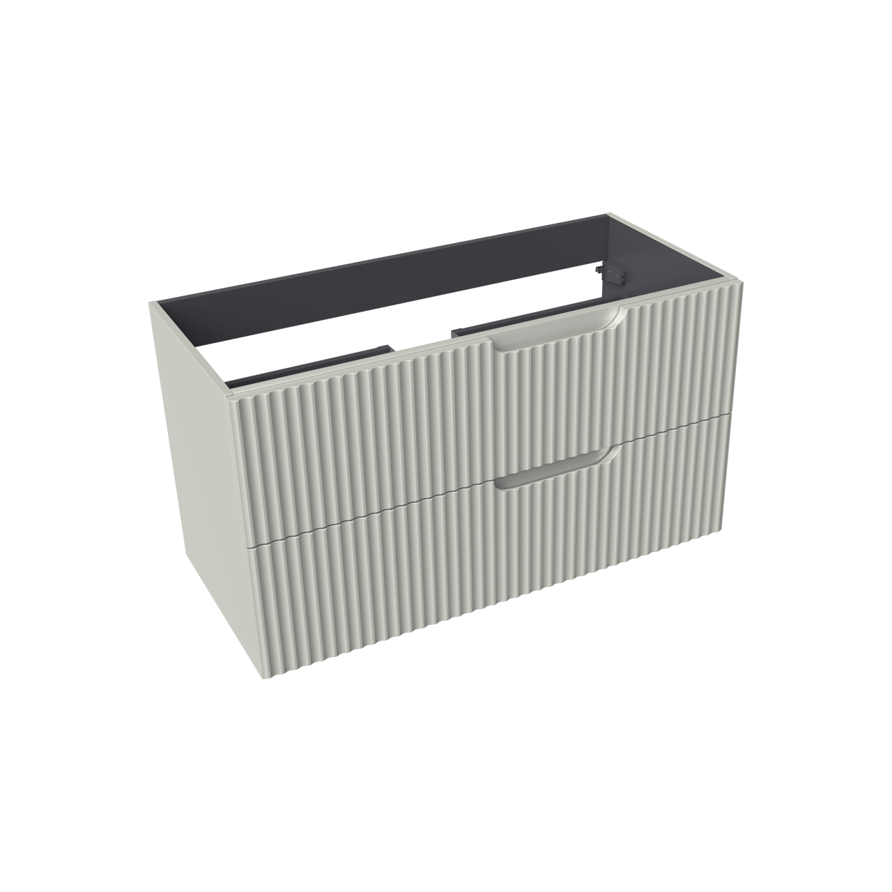 Linie Ribbo meuble salle de bains suspendu 100 x 46 cm greige avec Baro plan simple en porcelaine blanc brillant, Nervure circulaire symétrique verticale et Montro armoire de toilette