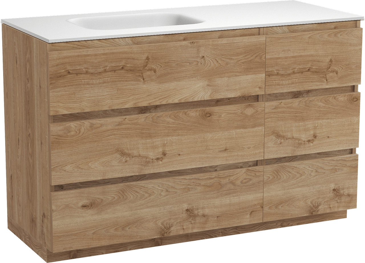 Balmani Lucida freistehendes Möbelstück Set: 135 x 55 cm, Rohe Eiche, mit Tablo Arcato Waschtisch links, Solid Surface Weiß matt