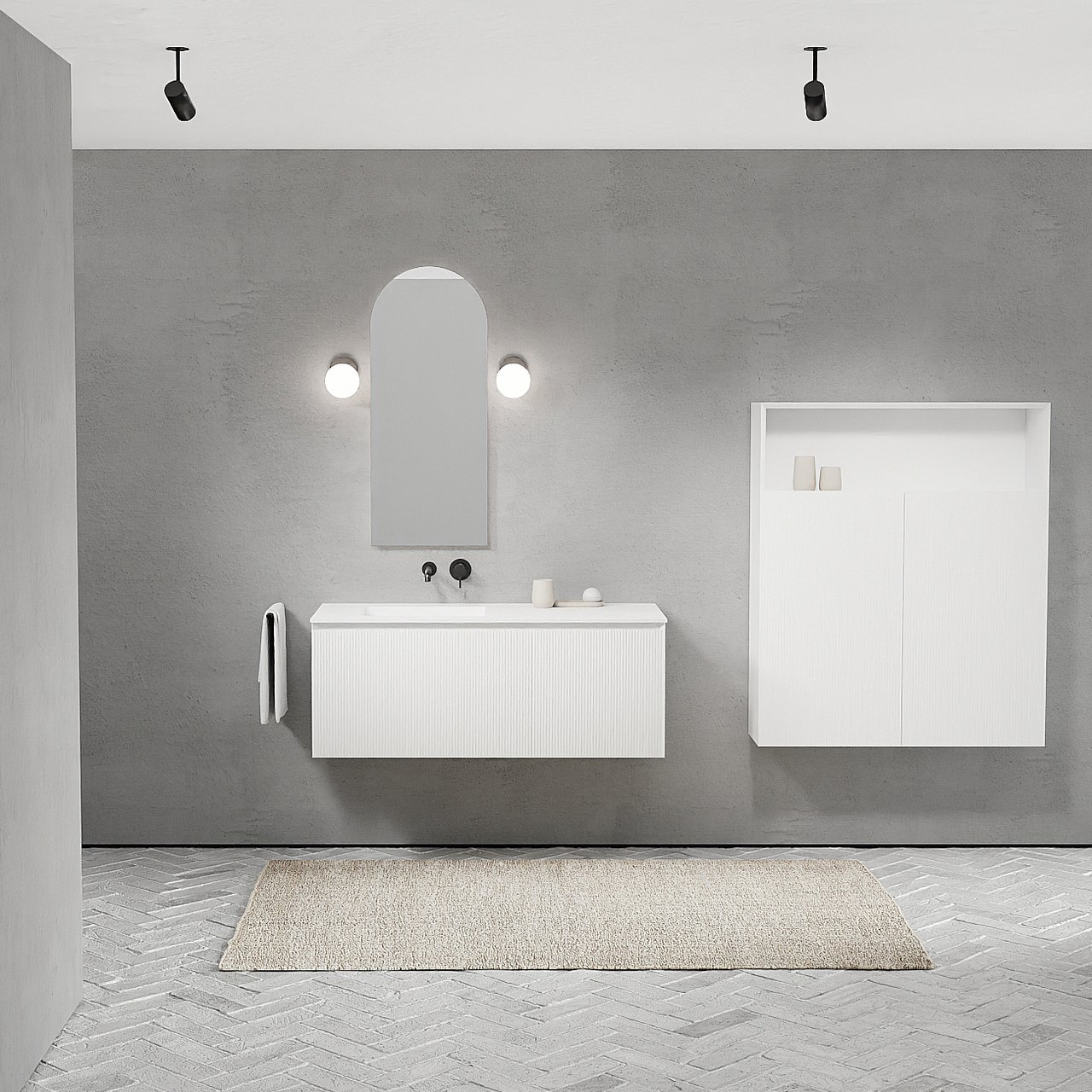 Balmani Fila meuble salle de bains suspendu 120 x 55 cm blanc mat avec Tablo Arcato vasque asymétrique gauche en solid surface blanc mat, Nervure droite symétrique verticale