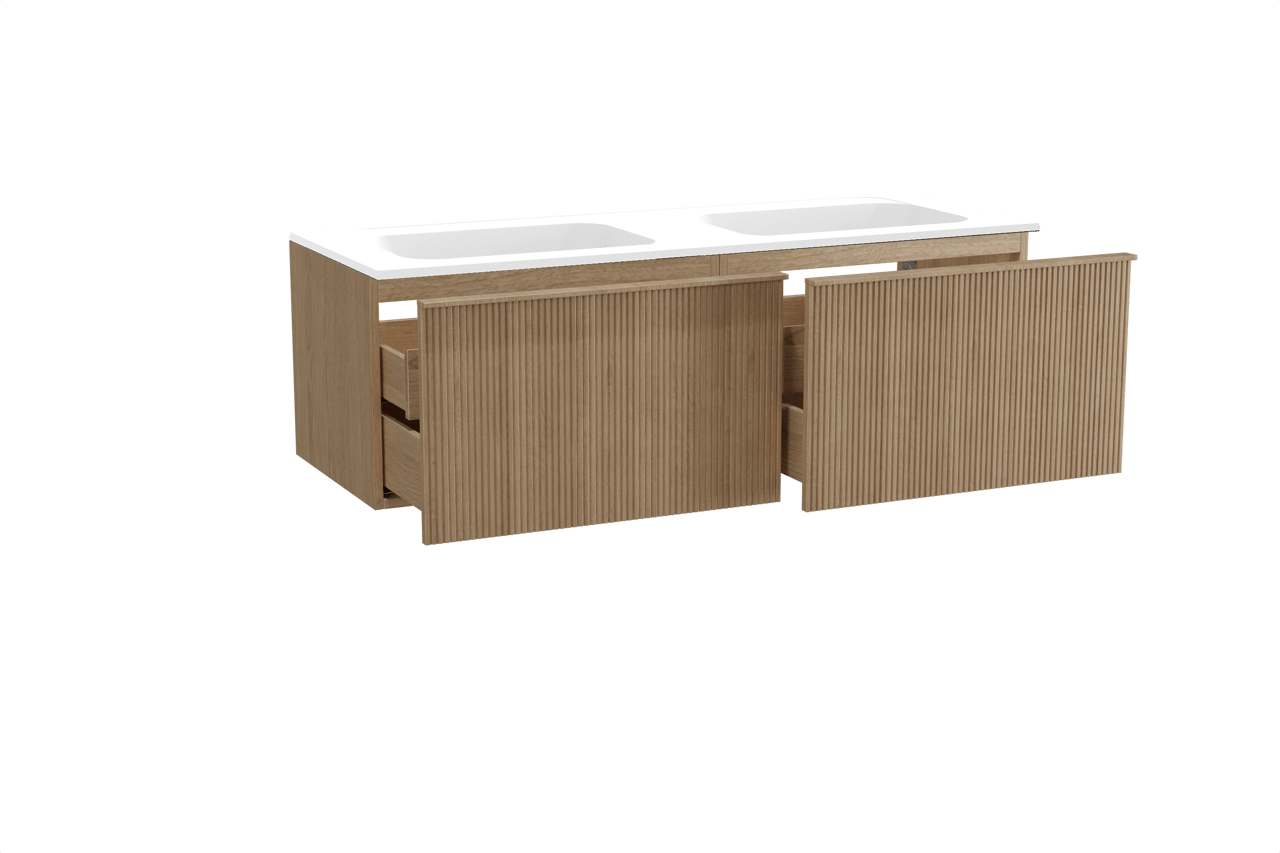 Balmani Forma meuble salle de bains suspendu 150 x 55 cm chêne naturel avec Tablo Strada double vasque en marbre composite blanc mat, Nervure droite symétrique verticale