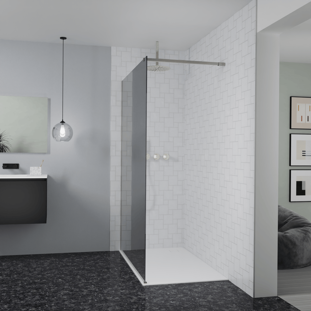 Balmani Modular douche à l'italienne: 140 x 200 cm, Verre miroir reflex, Profil Brushed CoolMetal