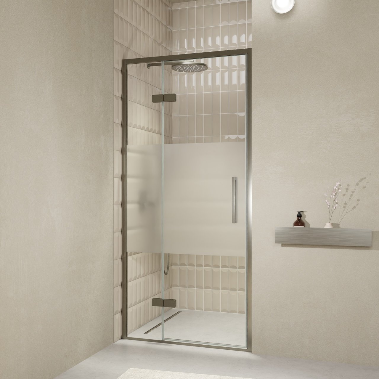 Balmani Senses Design porte pivotante à gauche 100 cm x 210 cm verre transparent avec bande matte, Profil Brushed GunMetal