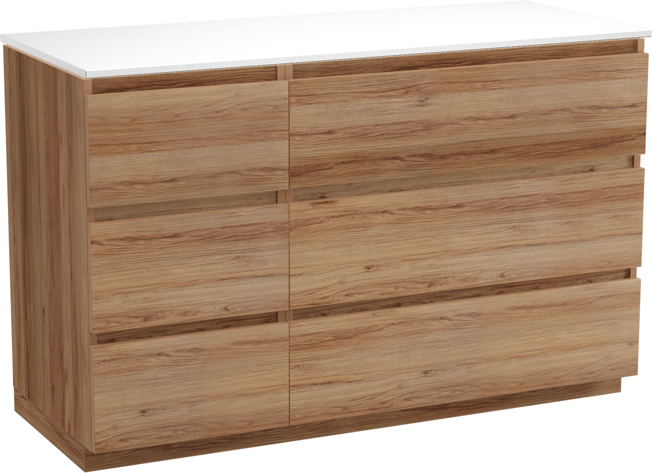 Balmani Lucida meuble salle de bains à poser 135 x 55 cm teck avec Stretto tablette simple ou double en solid surface blanc mat