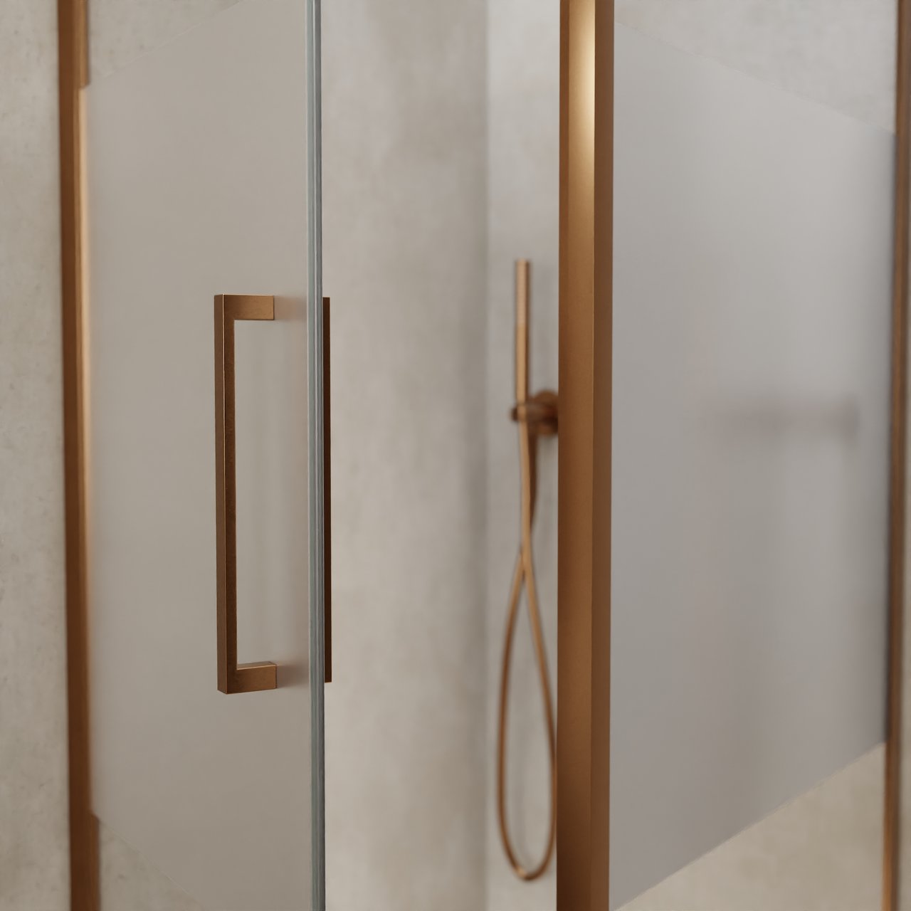 Balmani Senses Design douche d'angle avec porte pivotante à gauche et paroi latérale fixe, 90 x 90 cm, Verre transparent avec bande mate, Profil Brushed Rosegold