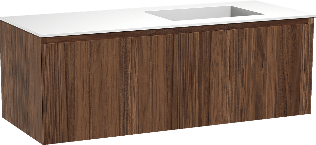 Balmani Idra zwevend badkamermeubel 135 x 55 cm notelaar met Tablo Stretto asymmetrisch rechtse wastafel in solid surface mat wit