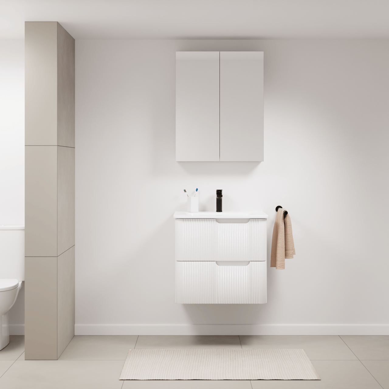 Linie Curvo zwevend badkamermeubel 60 x 46 cm glanzend wit met Baro Curvo enkele wastafel in porcelein glanzend wit, Verticale symmetrische ronde ribbel