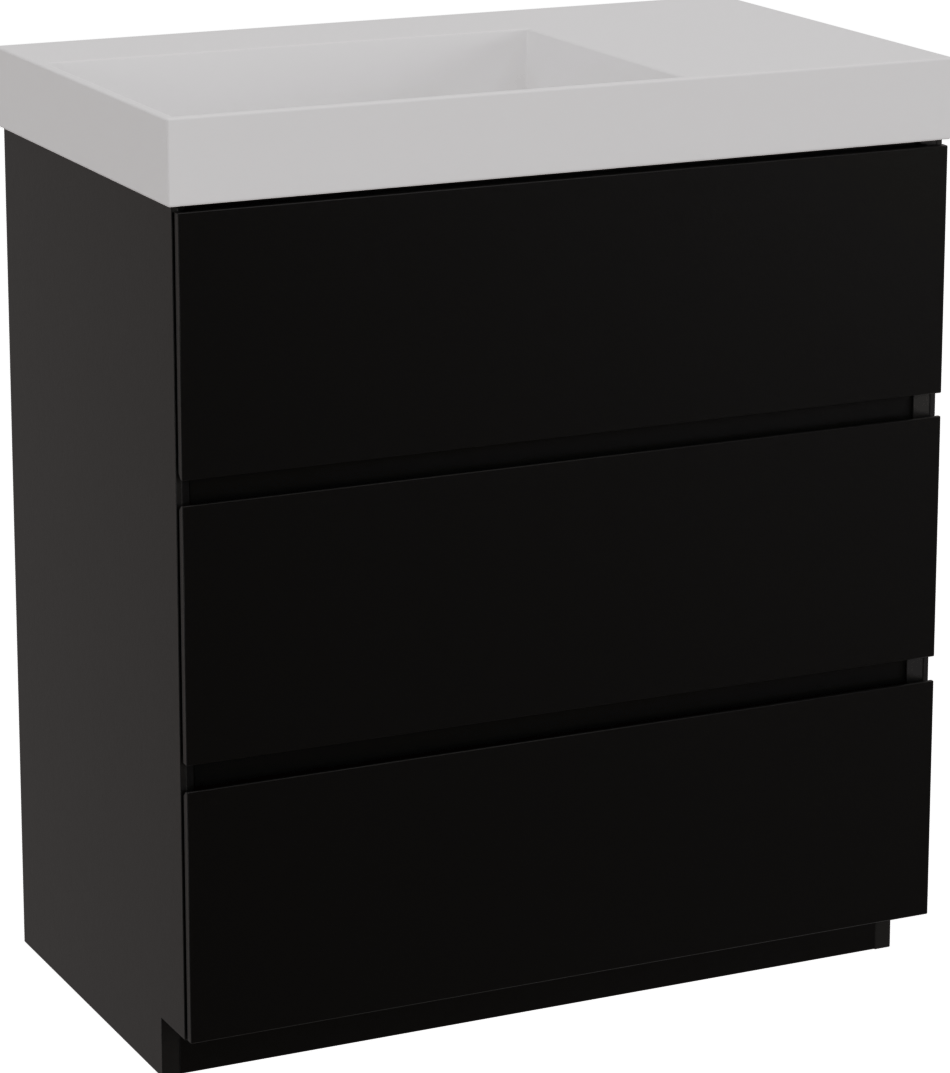 Storke Edge freistehendes Möbelstück Set: 80 x 46 cm, Schwarz matt, mit Jura Waschtisch links, Solid Surface Weiß matt