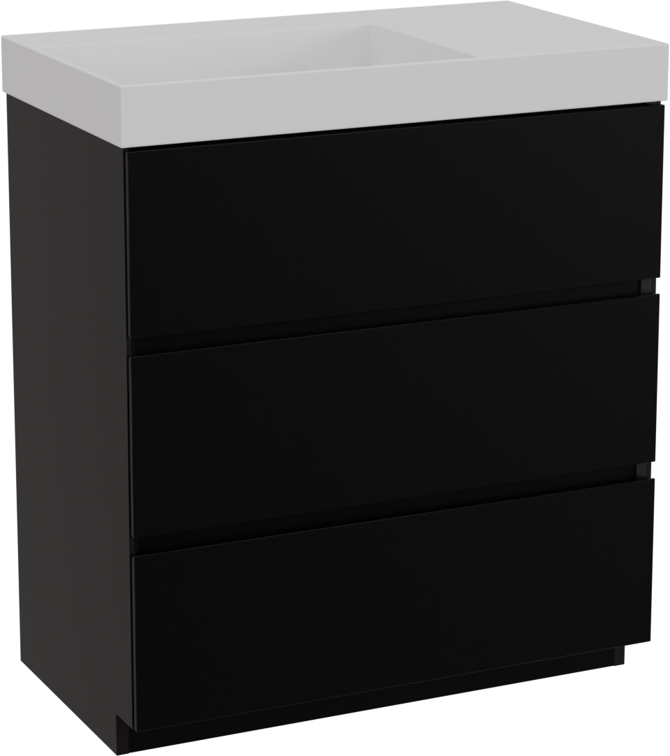 Storke Edge freistehendes Möbelstück Set: 80 x 46 cm, Schwarz matt, mit Jura Waschtisch links, Solid Surface Weiß matt