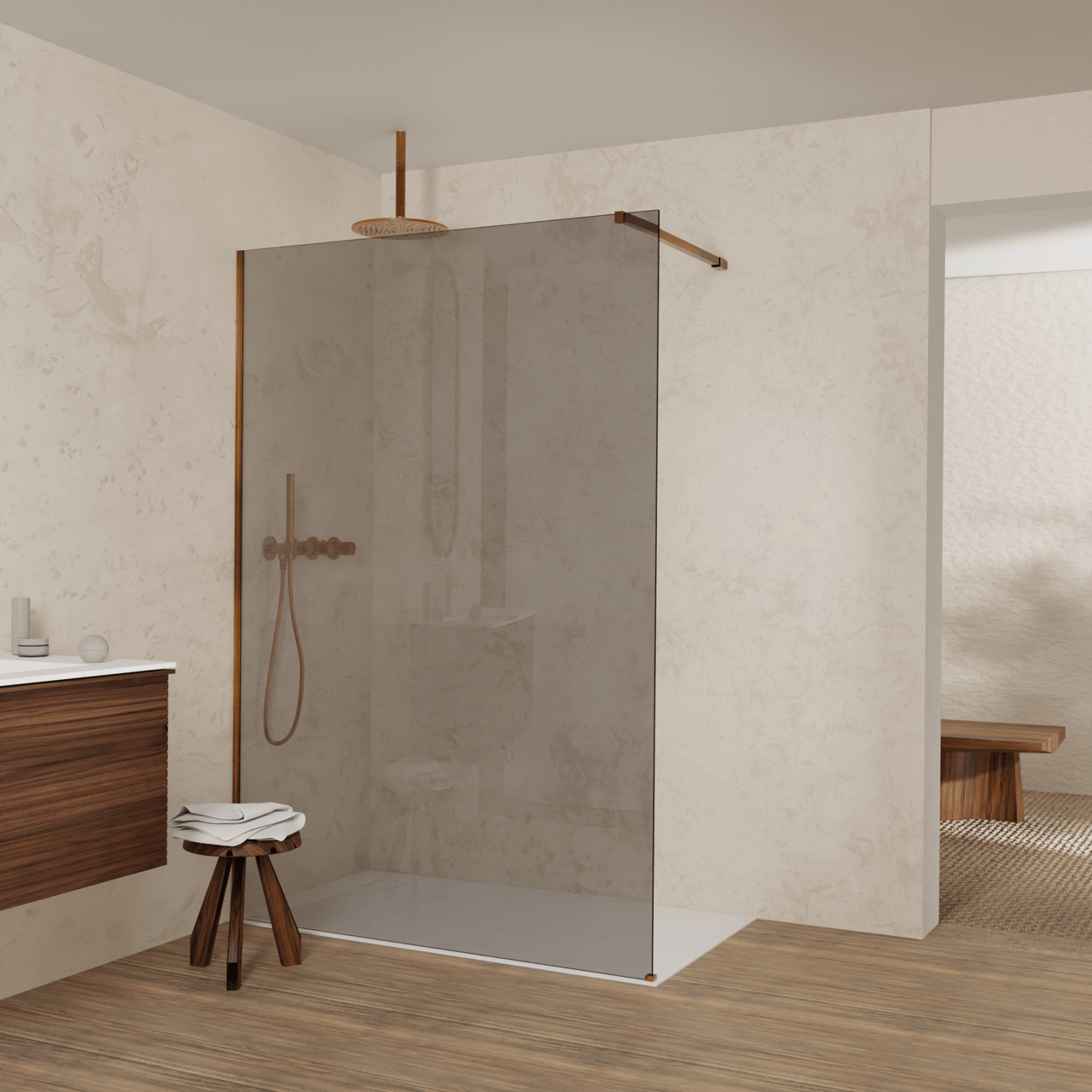 Balmani Modular inloopdouche: 140 x 200 cm, Rookglas met coating, Brushed Rosegold profielen