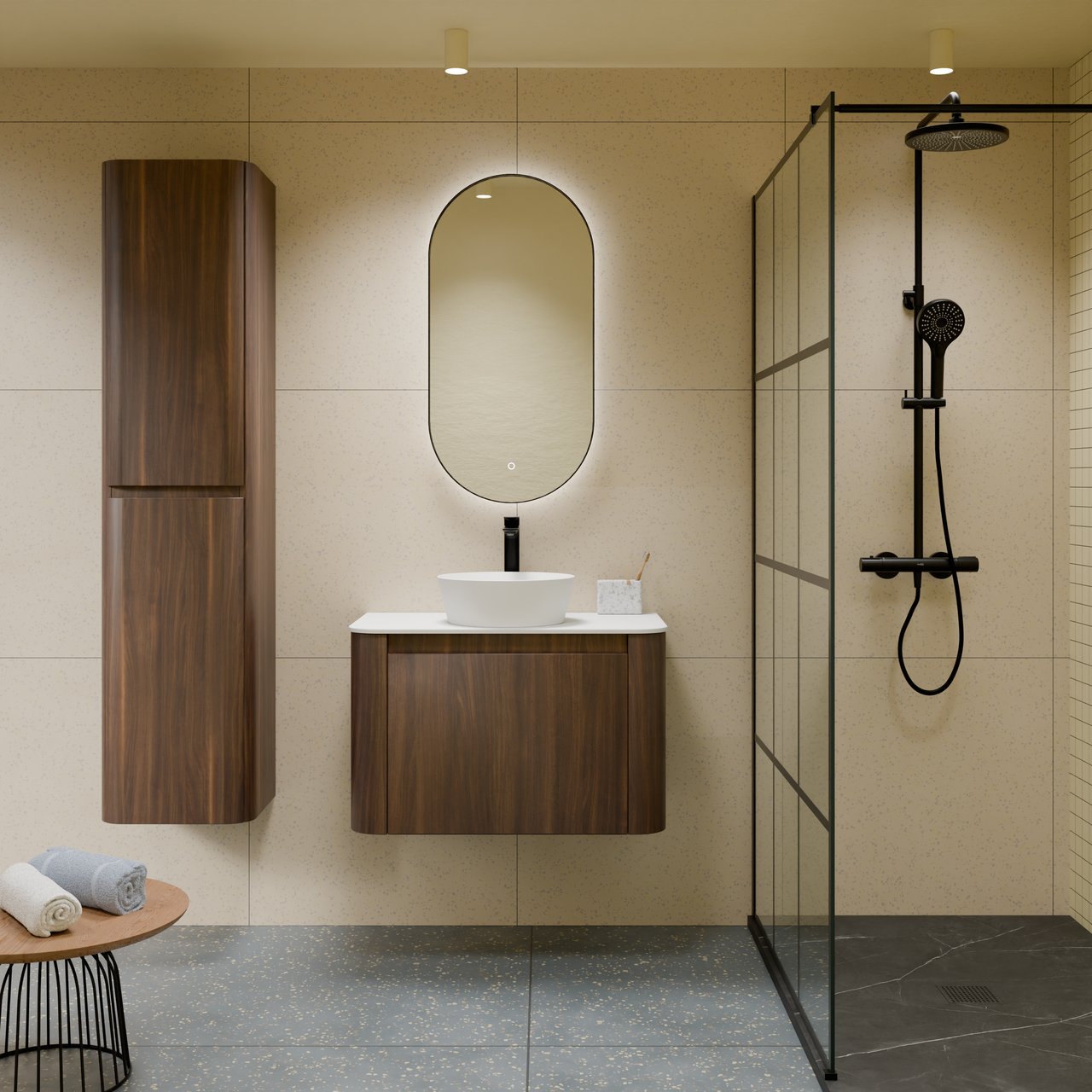 Storke Soft meuble salle de bains suspendu 80 x 46 cm noyer avec Tavola Soft tablette simple en Solid Surface blanc mat