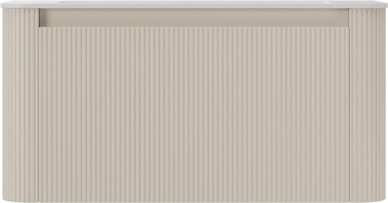 Storke Soft zwevend badkamermeubel 100 x 46 cm Sand mat met Mata Soft enkele wastafel in solid surface mat wit, Verticale symmetrische rechte ribbel