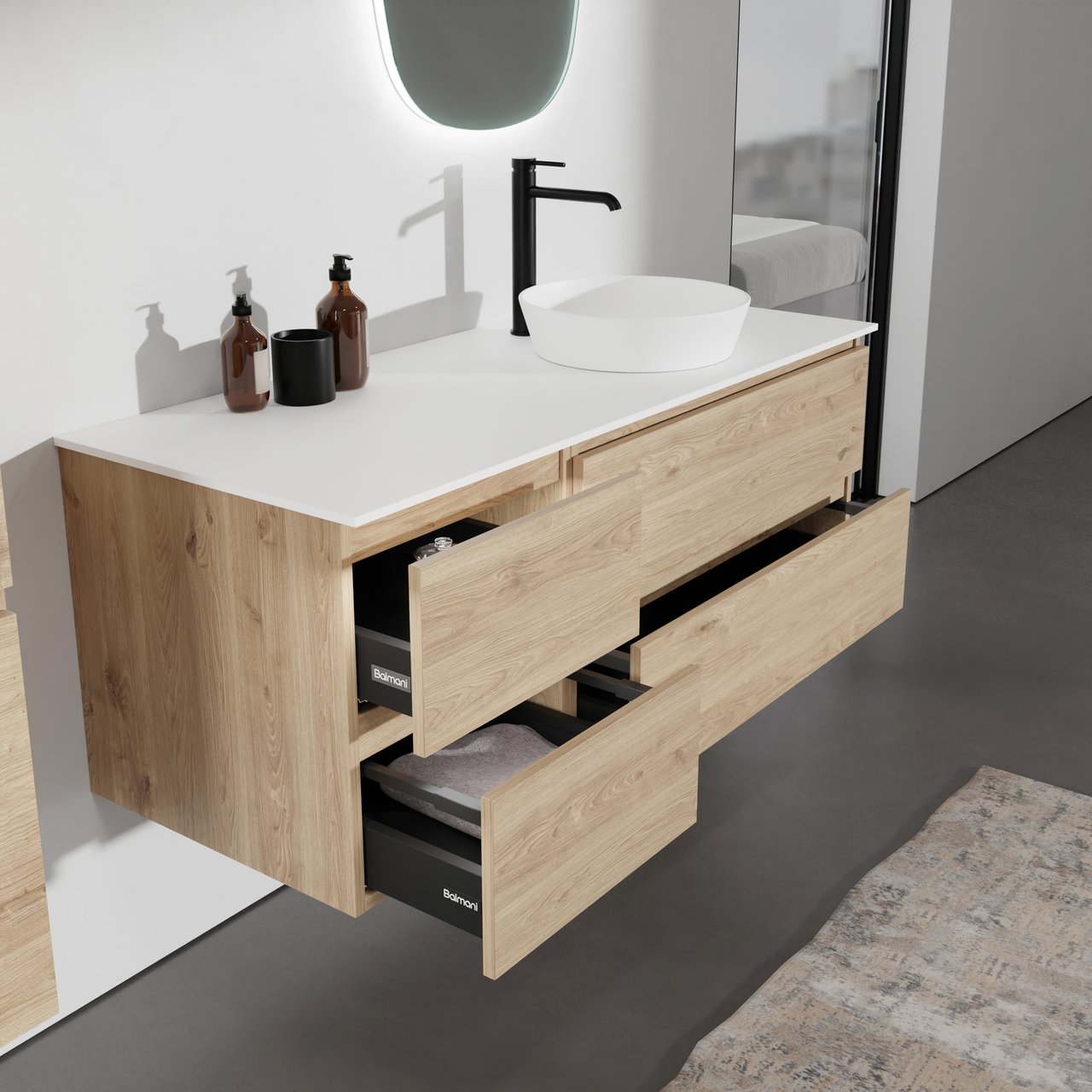 Balmani Lucida zwevend badmeubel 135 x 55 cm ruw eiken met Stretto enkel of dubbel wastafelblad in solid surface mat wit