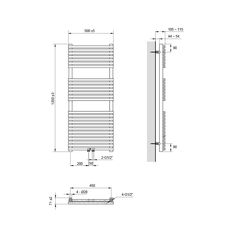 Vipera Vesuvio einzel Handtuchheizkörper 50 x 120 cm elektrische Heizung weiß matt Seiten- und Mittelanschluss 808W, inkl. Widerstand