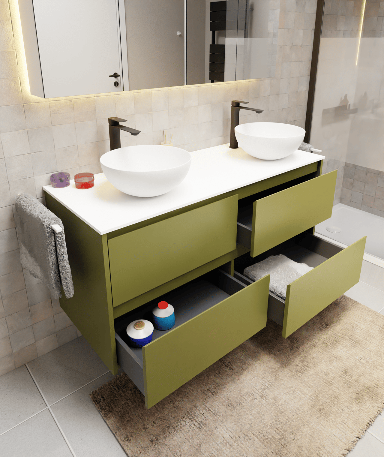 Storke Seda meuble sous-lavabo suspendu 130 x 52 cm vert olive 4 tiroirs