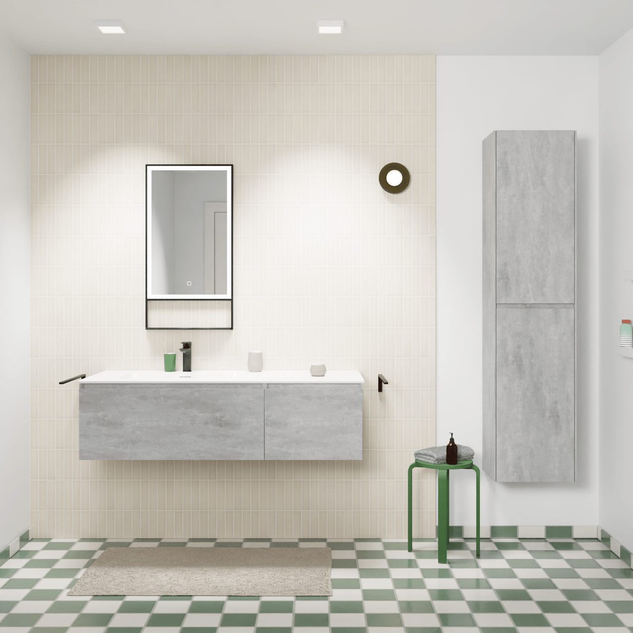 Storke Edge zwevend badmeubel 130 x 52 cm beton donkergrijs met Mata asymmetrisch linkse wastafel in solid surface mat wit