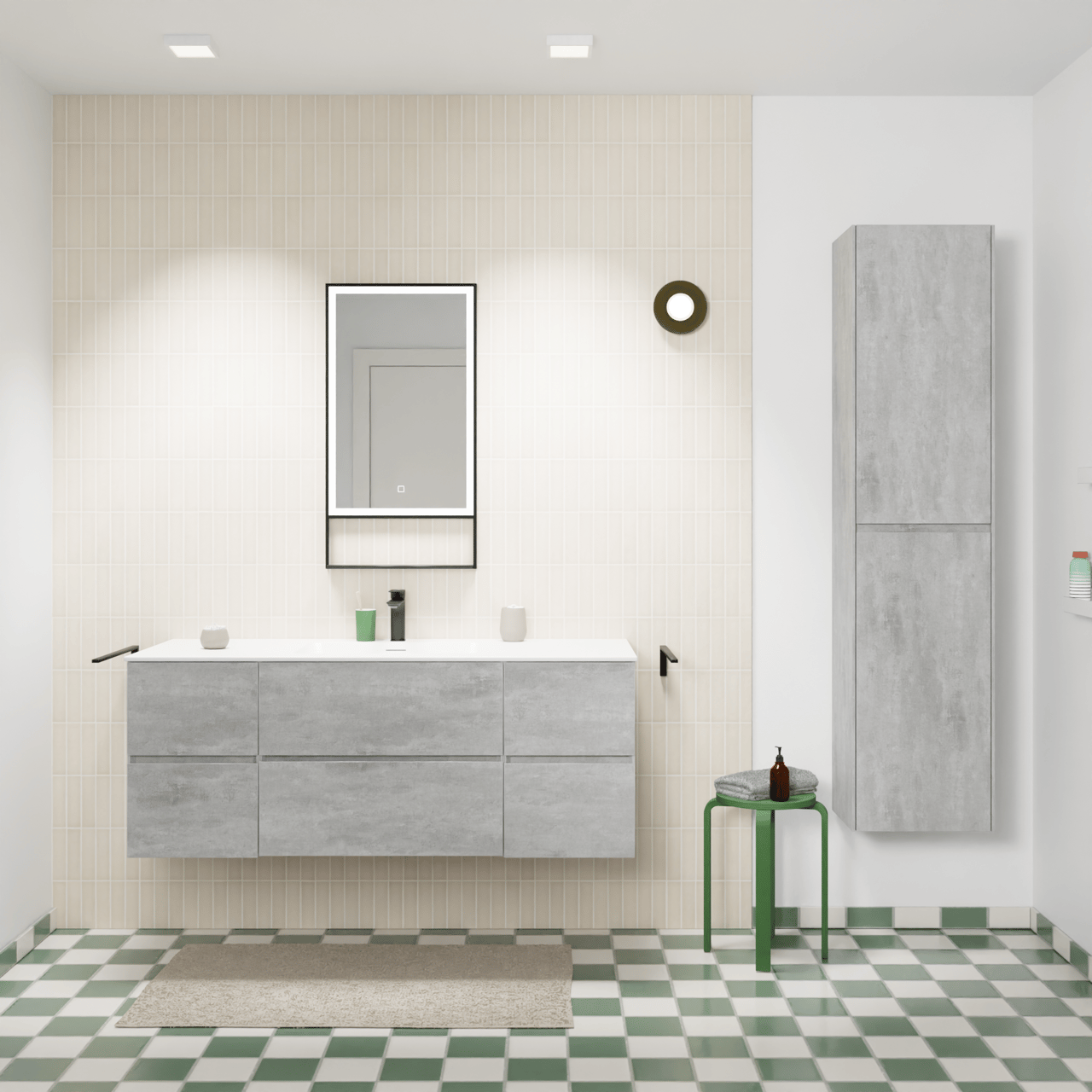 Storke Edge meuble salle de bains suspendu 135 x 52 cm béton gris foncé avec Mata plan simple en solid surface blanc mat