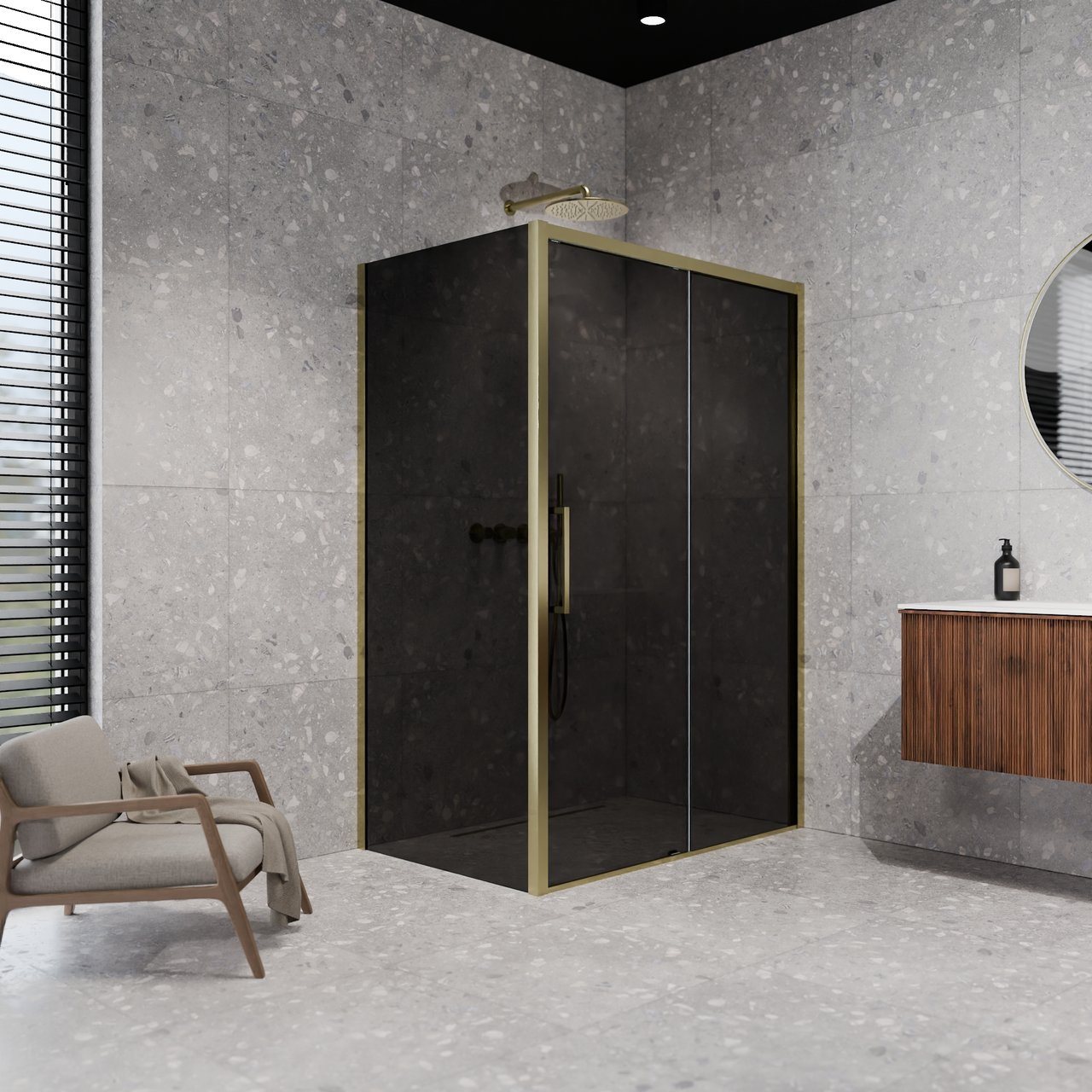 Balmani Senses Design Eckdusche: Schiebetür (Rechts) mit fixierte Seitenwand, 160 x 90 cm, Rauchglas, Profil Brushed Champagne Gold