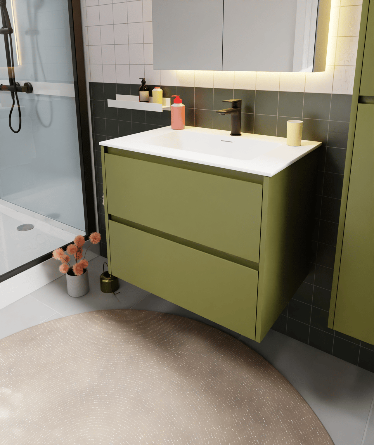 Storke Seda meuble sous-vasque suspendu 75 x 52 cm vert olive 2 tiroirs