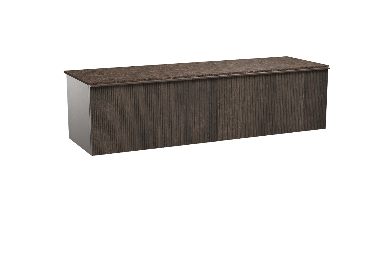 Balmani Forma hängendes Möbelstück Set: 180 x 55 cm, Geräucherte Eiche, mit Stretto Einzel- oder Doppel Waschtischplatte, Marmor, Dark Emperador, Vertikale symmetrische gerade Rippe