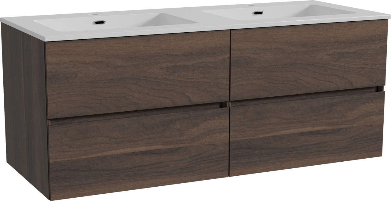 Storke Edge meuble salle de bains suspendu 130 x 52 cm noyer avec Diva double vasque en marbre composite blanc brillant