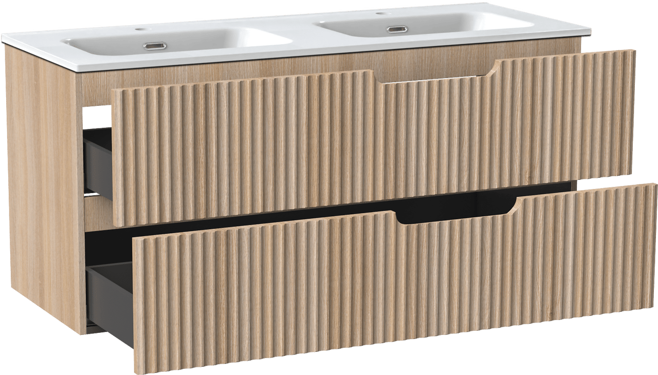 Linie Ribbo meuble salle de bains suspendu 120 x 46 cm chêne clair avec Baro double vasque en porcelaine blanc brillant, Nervure circulaire symétrique verticale