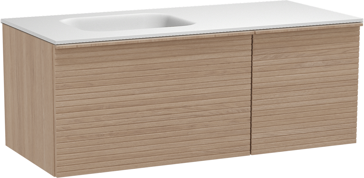 Balmani Forma meuble salle de bains suspendu 120 x 55 cm chêne naturel avec Tablo Arcato vasque asymétrique gauche en solid surface blanc mat, Nervure droite symétrique horizontale