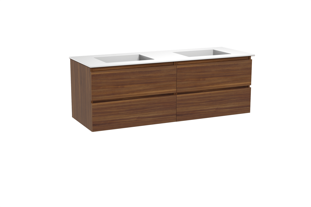 Balmani Lucida hängendes Möbelstück Set: 150 x 55 cm, Amerikanischer Nussbaum, mit Tablo Stretto Doppelwaschtisch, Solid Surface Weiß matt