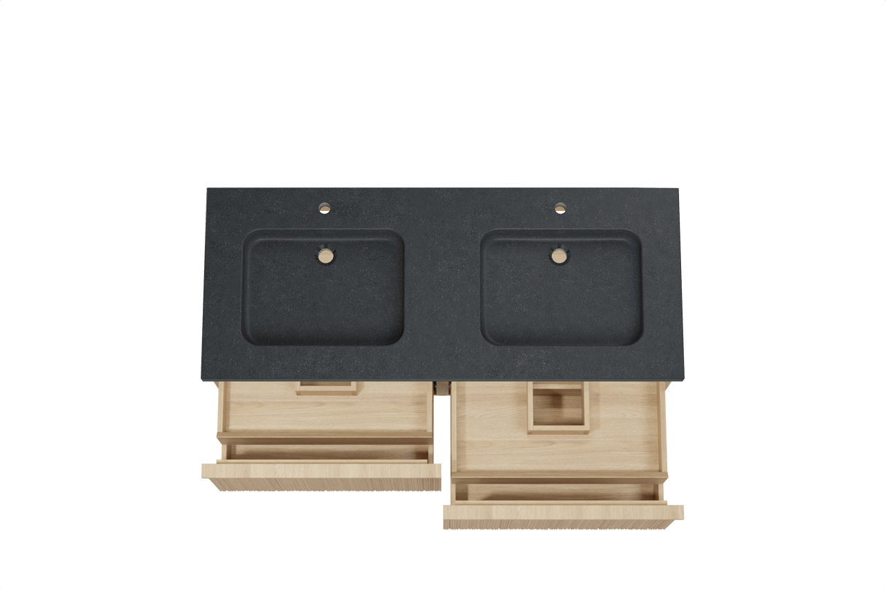 Balmani Forma zwevend badmeubel 135 x 55 cm naturel eiken met Napoli dubbele wastafel in zwart graniet, Verticale asymmetrische ronde ribbel