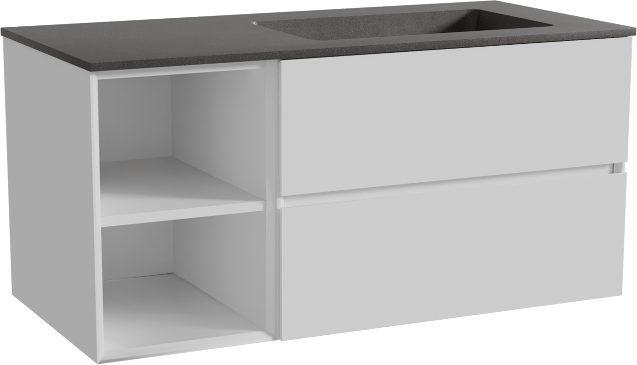 Storke Edge zwevend badmeubel 110 x 52 cm hoogglans wit met Scuro asymmetrisch rechtse wastafel in kwarts mat zwart