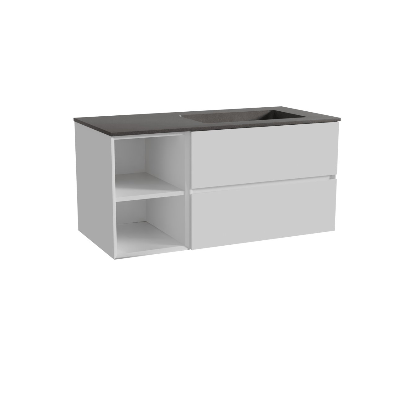 Storke Edge meuble salle de bains suspendu 110 x 52 cm blanc brillant avec Scuro vasque asymétrique droite en quartz noir mat