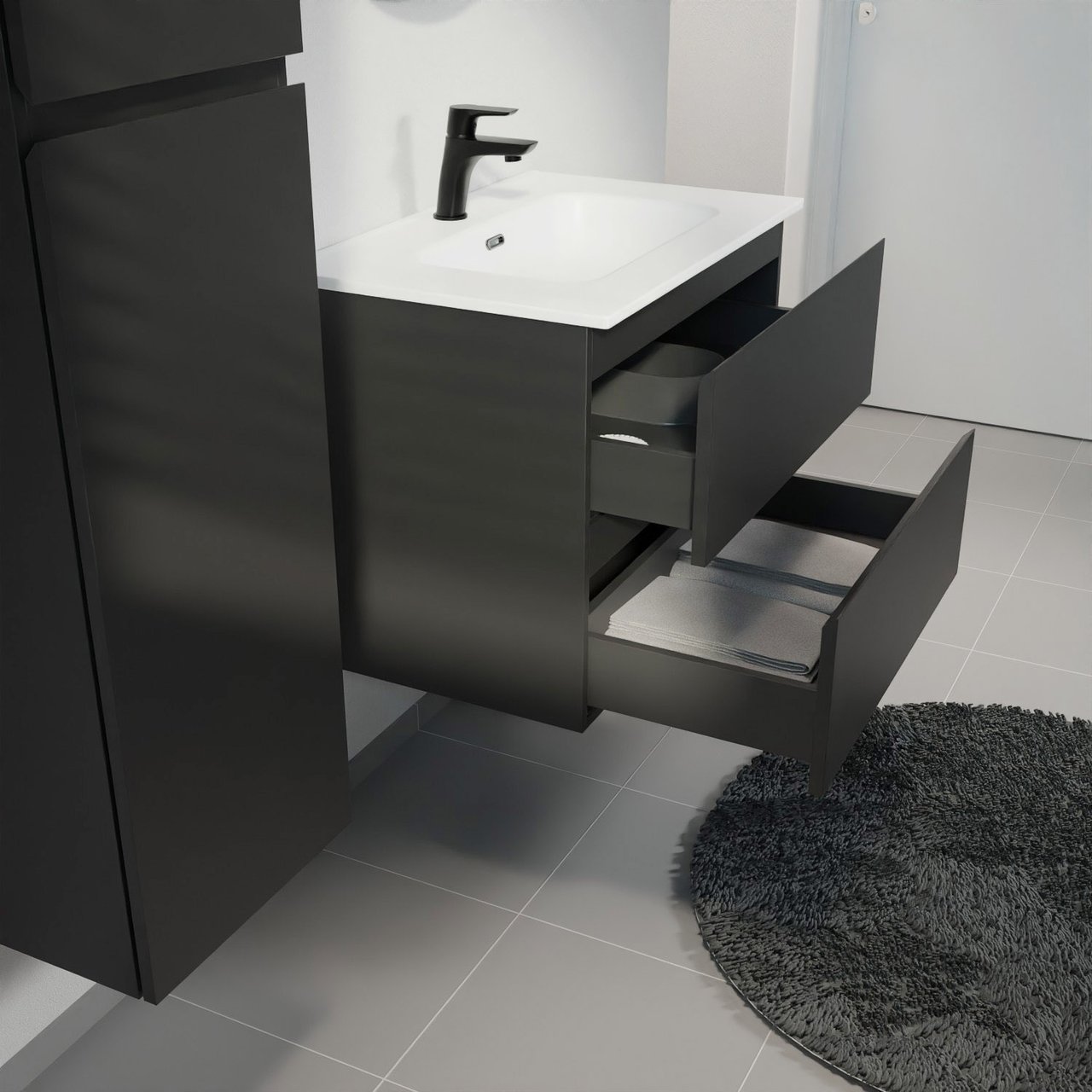 Linie Lado meuble salle de bains suspendu 70 x 46 cm noir mat avec Baro plan simple en porcelaine blanc mat