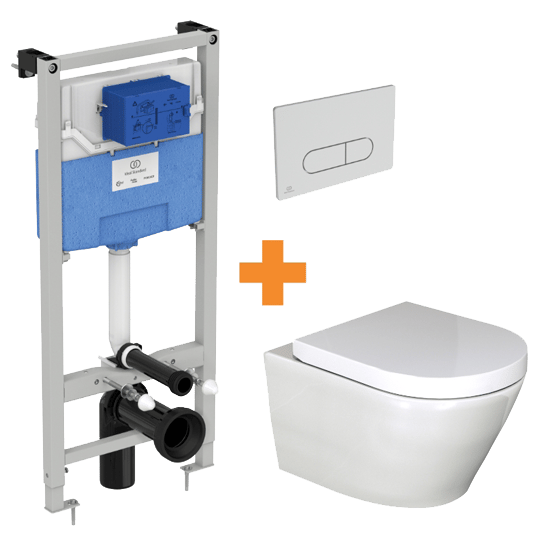 Luca Varess Calibro hangtoilet glanzend wit randloos met inbouwreservoir en gratis Ideal Standard Oleas M1 mat chroom bedieningspaneel