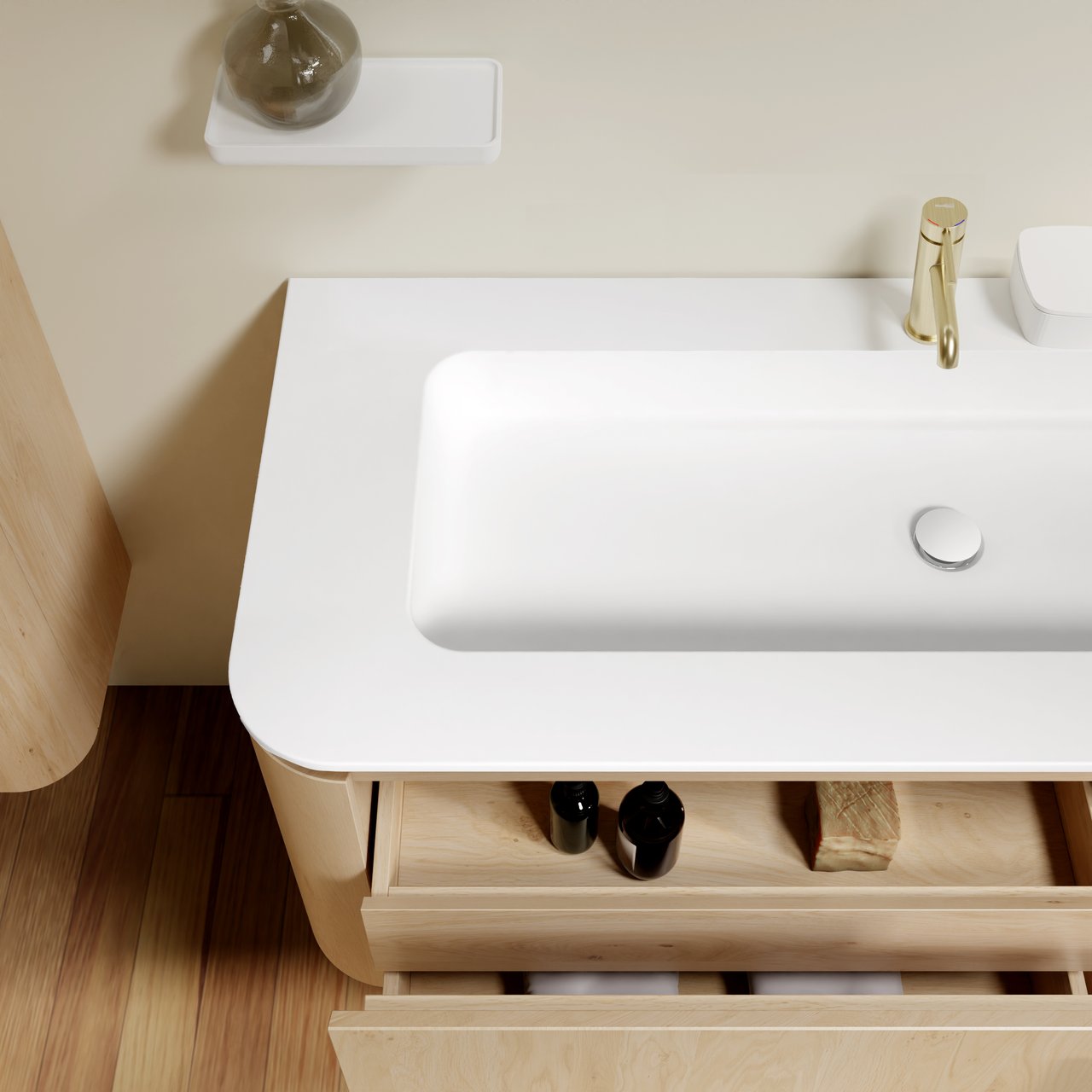 Balmani Moon meuble salle de bains suspendu 130 x 55 cm chêne naturel avec Moon tablette simple ou double en solid surface blanc mat