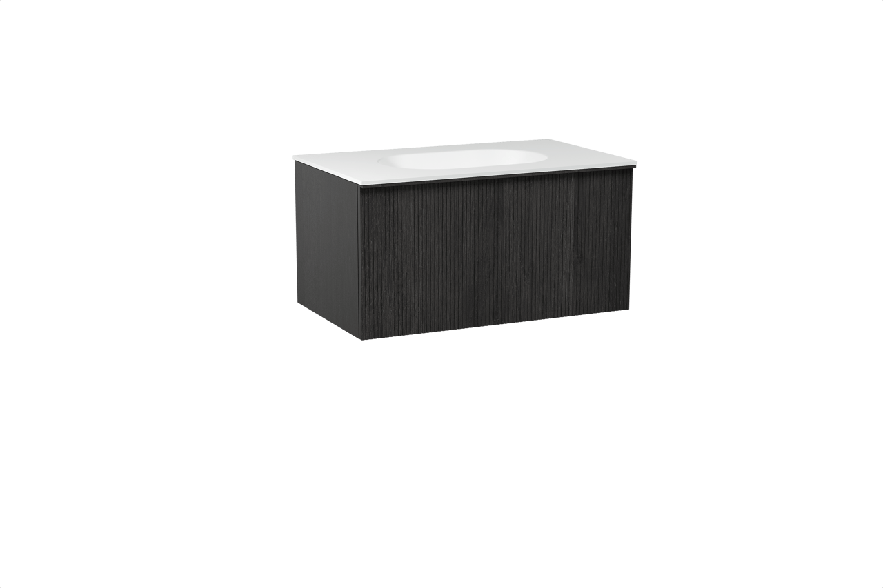 Balmani Forma meuble salle de bains suspendu 90 x 55 cm chêne noir avec Tablo Oval plan simple en solid surface blanc mat, Nervure droite symétrique verticale