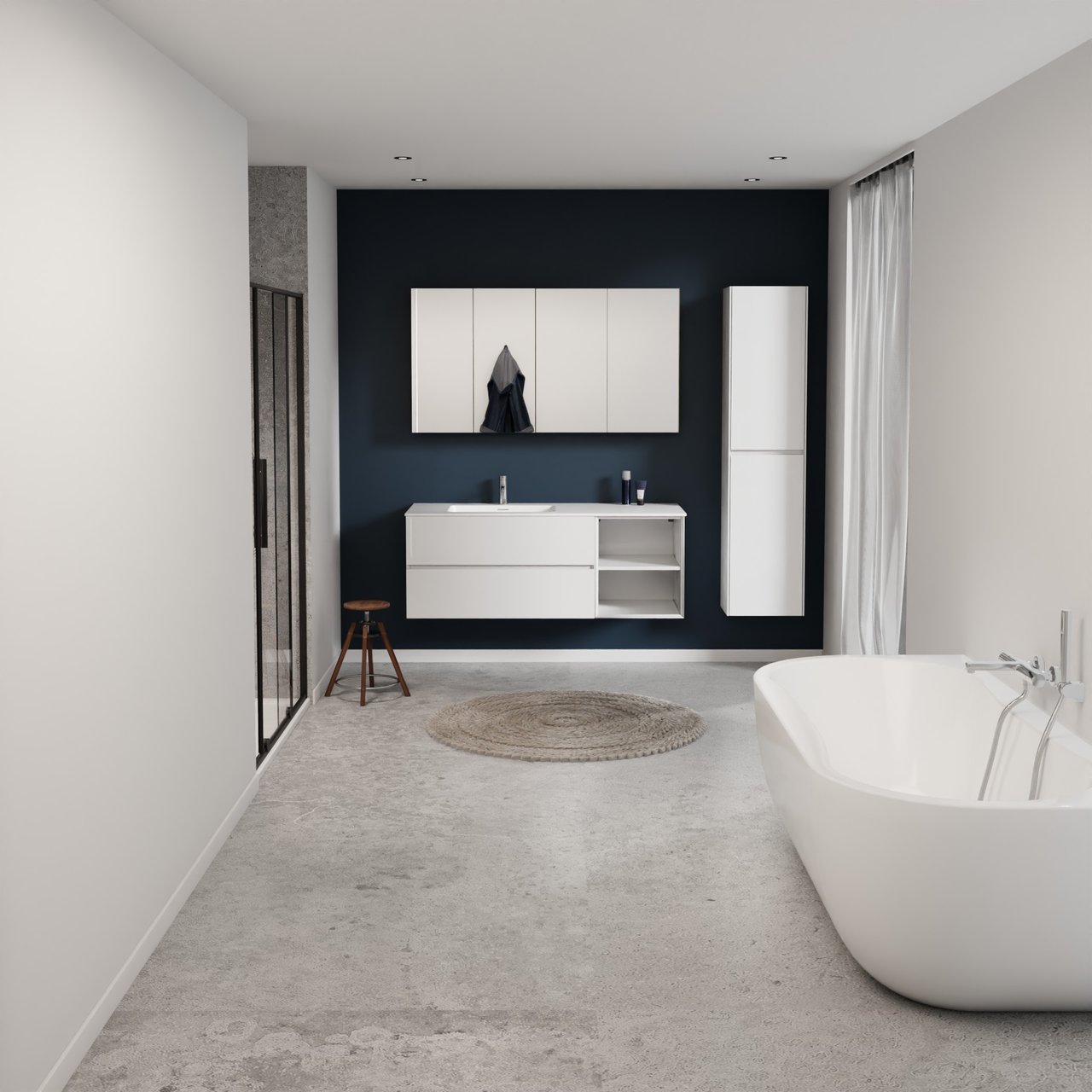 Storke Edge meuble salle de bains suspendu 140 x 52 cm blanc brillant avec Mata plan vasque asymétrique à gauche en solid surface blanc mat