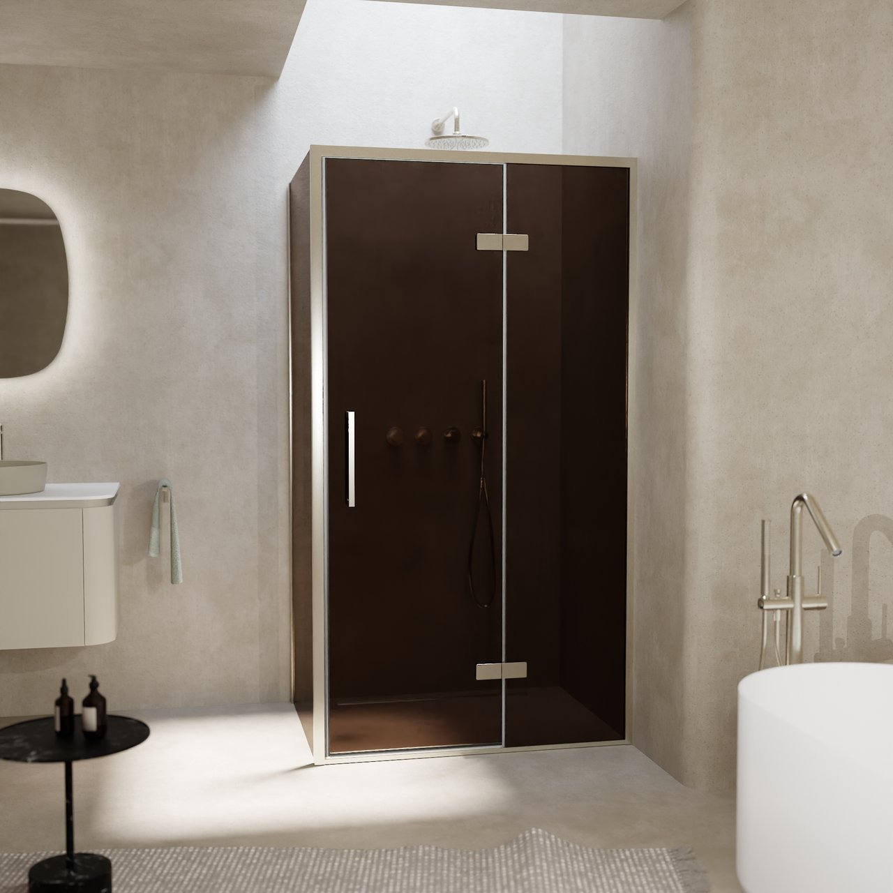 Balmani Senses Design douchehoek met rechtse draaideur en vaste zijwand, 100 x 80 cm, Brons, Brushed CoolMetal profielen